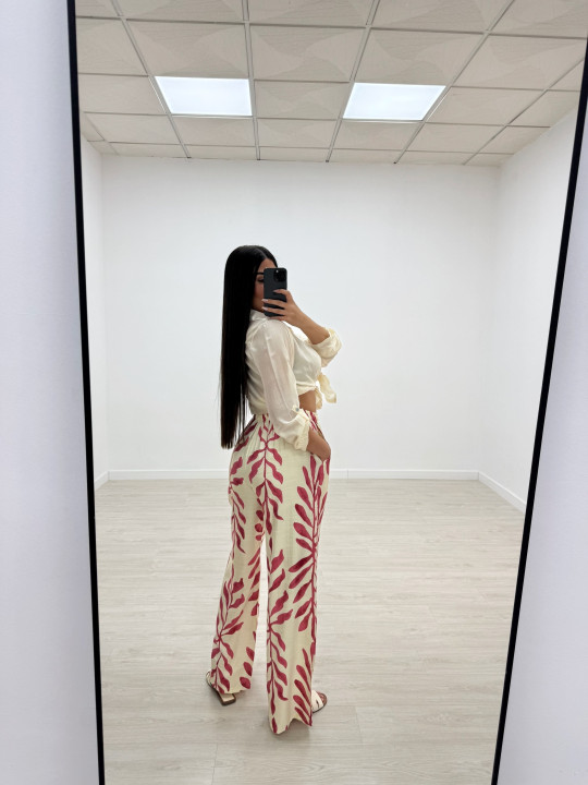 PANTALÓN FLUIDO HOJAS ROSA
